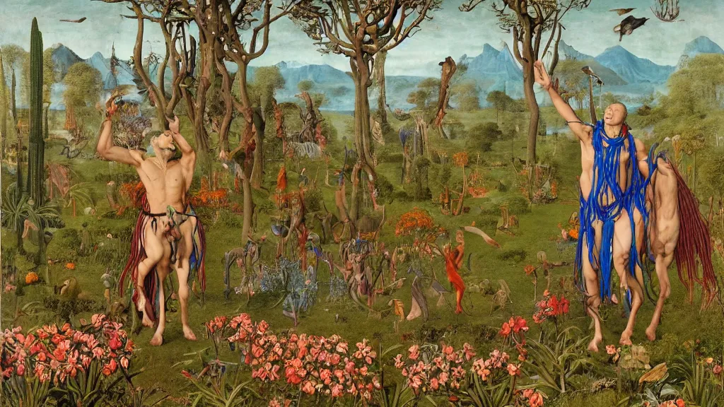 Image similar to a photograph of a meditating centaur shaman mutating into a savage fanged beast. surrounded by huge flowers and trees. river delta with mountains under a blue sky full of burning stars and birds. painted by jan van eyck, max ernst, ernst haeckel, ernst fuchs and artgerm. trending on artstation, fashion editorial