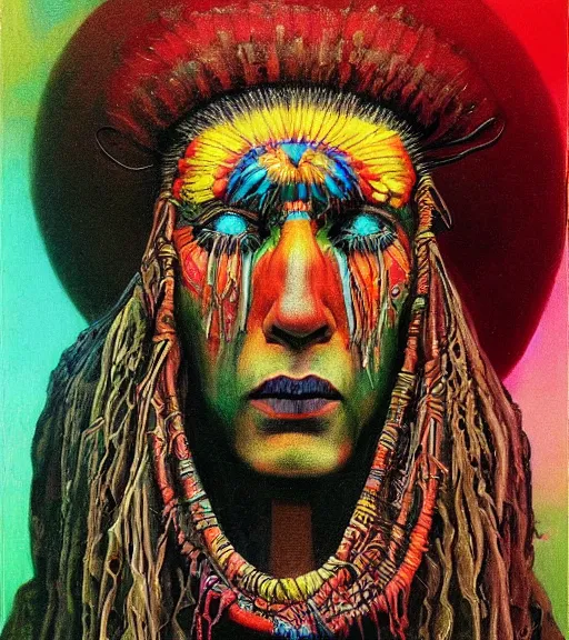 Image similar to Portrait painting in a style of Beksinski mixed with Alex Grey of an old shaman dressed in a colorful traditional clothes. psychodelic