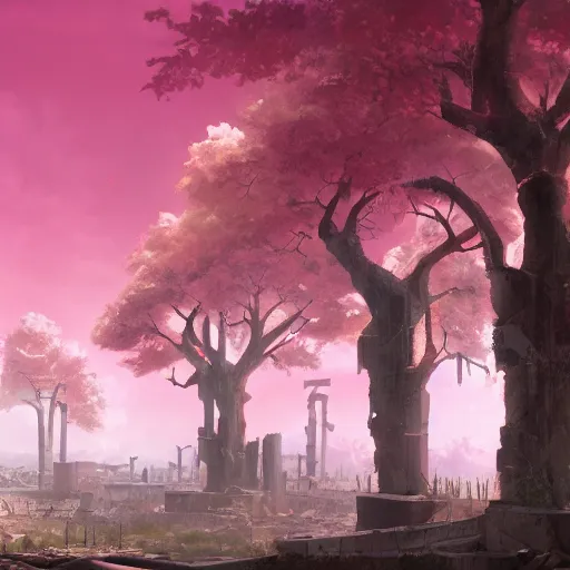 Image similar to apocalyptic ruins. pink tree in the center. Atmospheric lighting, gloomy, life growing out of ruins. Makoto Shinkai, anime, trending on ArtStation, digital art.