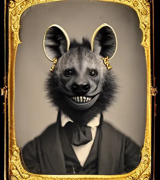 Image similar to professional studio photo portrait of anthro anthropomorphic spotted hyena head animal person fursona smug smiling wearing elaborate pompous royal king robes clothes gold frame by Louis Daguerre daguerreotype tintype