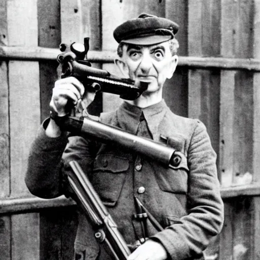 Image similar to old wartime photograph of mr. bean holding a lewis gun, 1 9 1 7