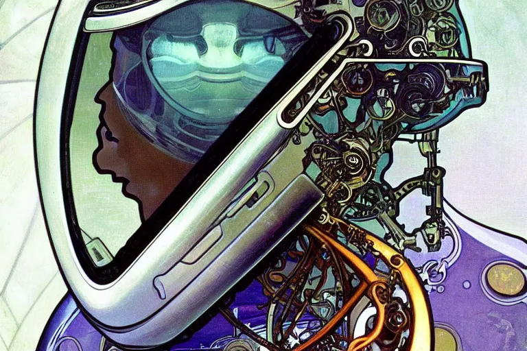 Image similar to portrait of a biomechanical head inside a futuristic space helmet, vintage, neon, white metal, iridescent visor, smooth, sharp focus, high detail, deviantart, art by Alphonse Mucha,