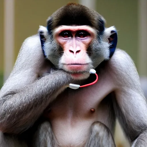 Prompt: an angry monkey listening to music with earphones, his family are trying to talk to him but he cannot hear them