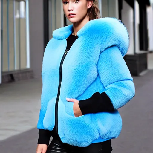 Image similar to nike jacket made of very fluffy blue faux fur : : with a reflective iridescent nike logo, professional advertising, overhead lighting, heavy detail, realistic