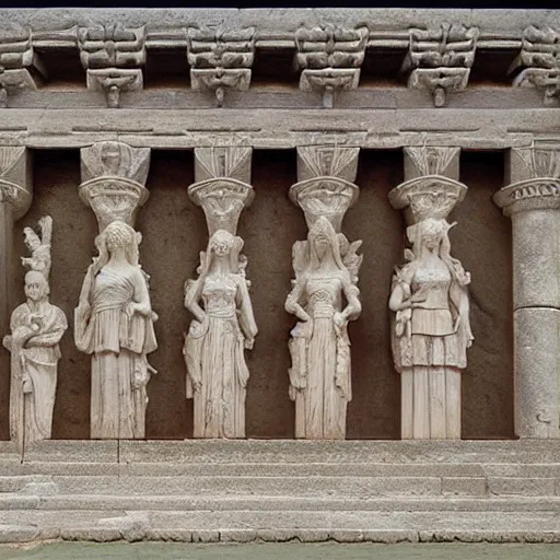 Image similar to a roman temple with carvings of anime characters