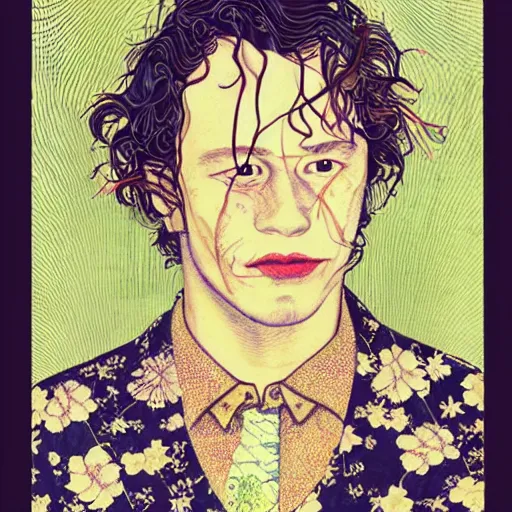 Prompt: “ heath ledger portrait by ikenaga yasunari and ayana otake and ko rakusui, 6 0 s poster, drawing, realistic, sharp focus, japanese, dreamy, nostalgia, faded, golden hues, floral clothes, porcelain skin ”