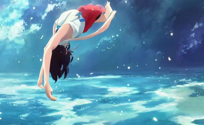 Image similar to An anime girl diving into a pool of water, anime scene by Makoto Shinkai, digital art