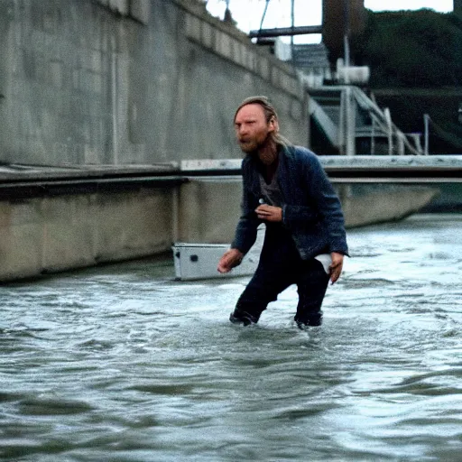 Image similar to thom yorke throwing his computer into the river thames, movie still, highly detailed