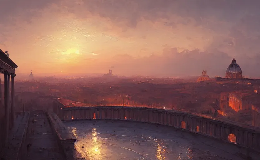 Image similar to painting of skyline of rome at sunset, natural light, concept art, by greg rutkowski, cozy atmospheric and cinematic lighting