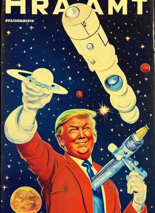 Image similar to 5 0 s sci fi pulp magazine cover of donald trump astronaut on mars holding a ray gun by norman rockwell, by drew struzan, high res