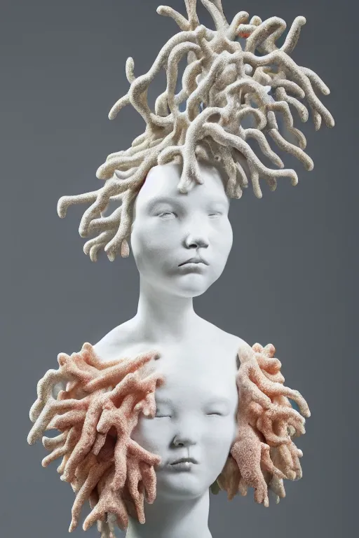 Image similar to full head and shoulders, beautiful female white, porcelain sculpture, with complex colourful plastic coral sea anemones on her head by daniel arsham and james jean, on a white background, delicate facial features, white eyes, white lashes
