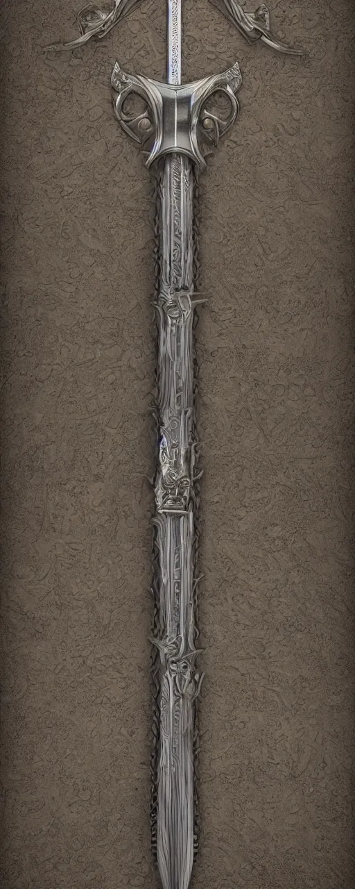 Prompt: sword of justice hanging on a wall, ornate gem in pommel, engraved blade, serrated point, herringbone floor, low angle, museum display, greg rukowski, boris vallejo