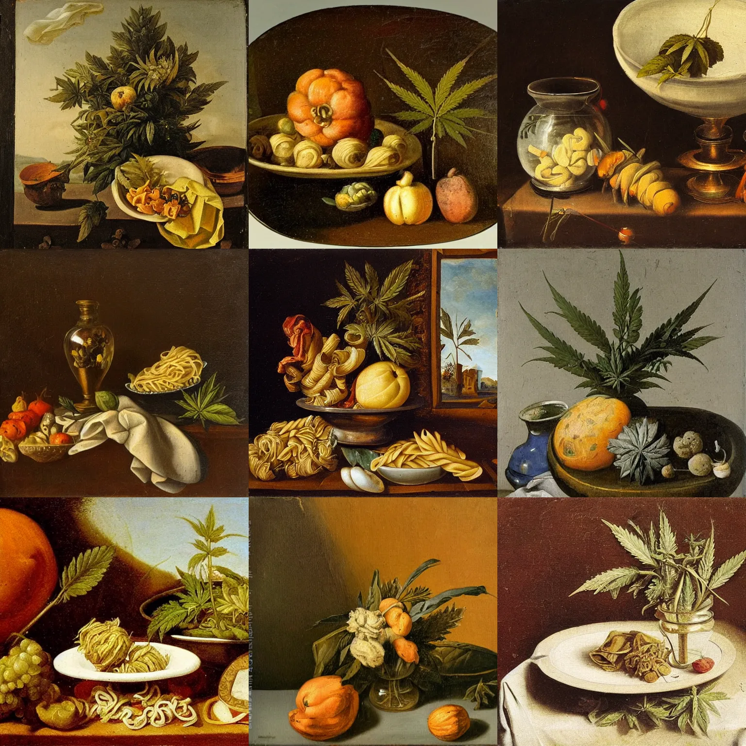 Prompt: Dutch still life oil painting from the 1600s, Bowl of pasta, Cannabis plant inside a glas vase, weed