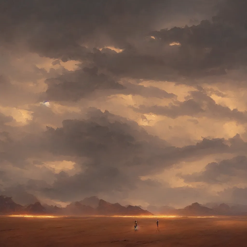 Prompt: beautiful oil painting of a thunderstorm in the desert, greg rutkowski, trending on artstation