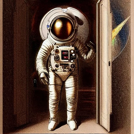 Image similar to 4 k, hyper - realism, distant shot, extra - details, psychedelic astronaut opening door that leads to the universe by davinci.