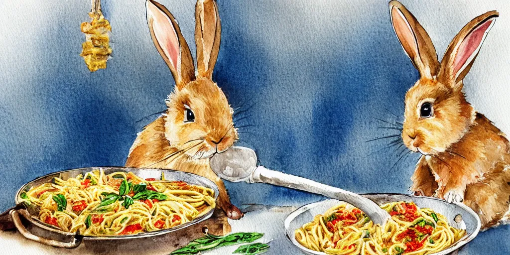 Image similar to a rabbit cooking pasta in a french restaurant kitchen, realistic watercolour