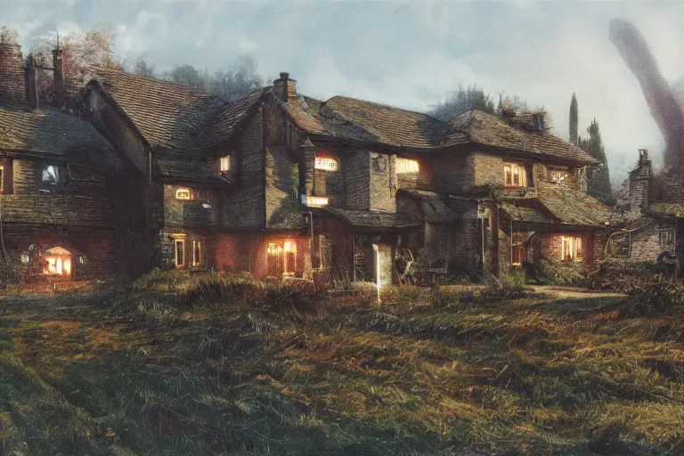 Image similar to cyberpunk, an estate agent listing photo of a 5 bedroom detached house in the countryside, by Paul Lehr, highly detailed, photorealistic, 8k, anamorphic, cinestill cinematrography