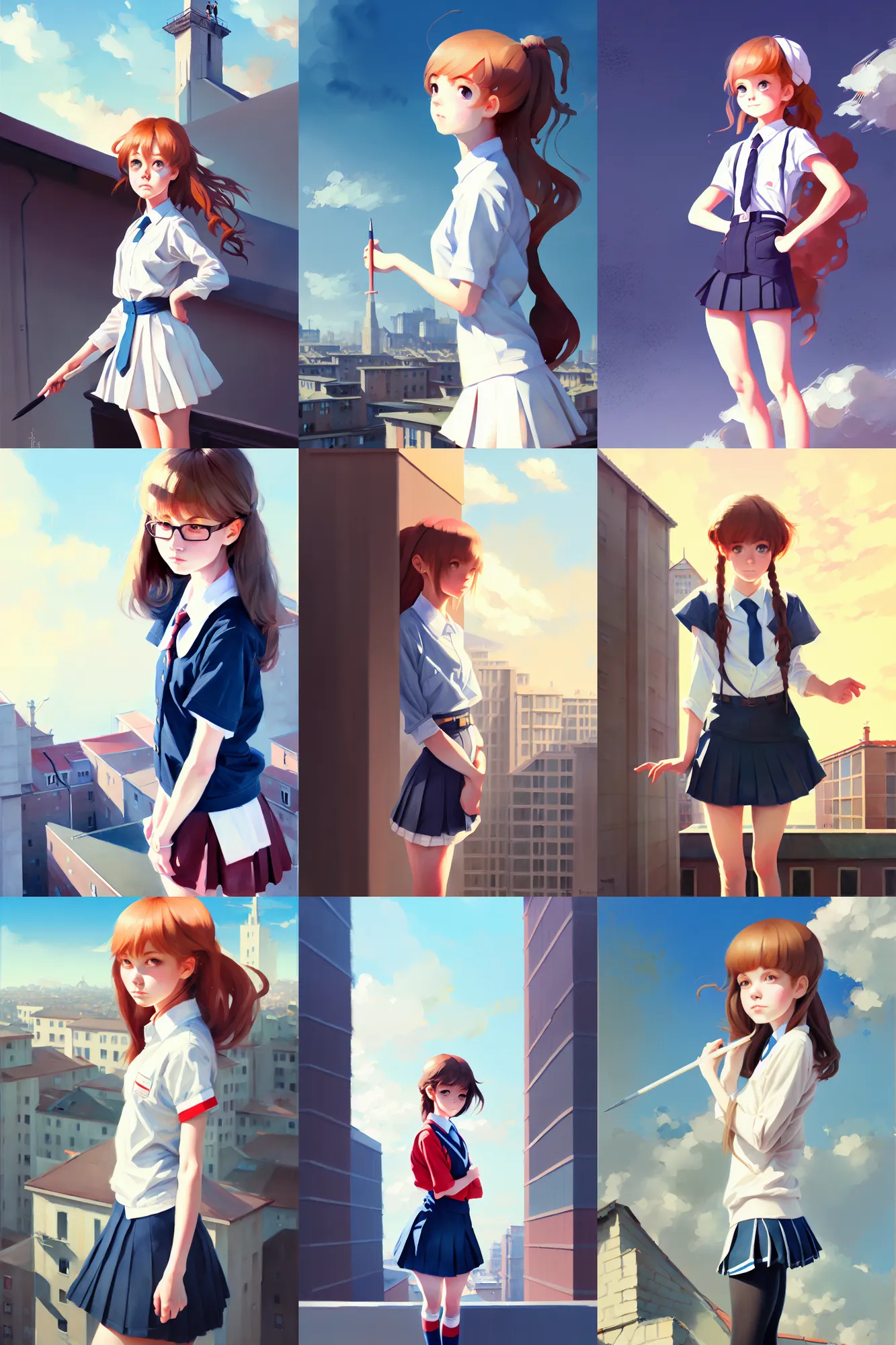 Image similar to gouache of a cute girl wearing school uniform standing on the edge of the roof of a tall building, delicate face, 8 k wallpaper, strong brush stroke, very high detailed, sharp focus, illustration, morandi color scheme, art station, by krenz cushart