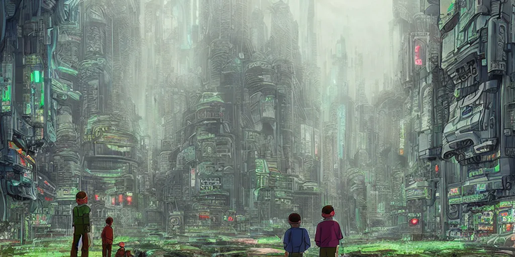 Image similar to highly detailed cell - shaded cartoon landscape with two boys looking at a miniature alien creature 1 9 7 0 s science fiction, cyberpunk, moody, misty, depth perception, 4 k, artstation, in the style of studio ghibli