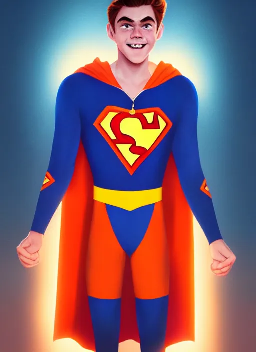 Image similar to friendly teenage archie andrews wearing an orange superhero costume with heart logo, heart, freckles, blue cape, heart emblem on chest, blue cape, intricate, elegant, glowing lights, highly detailed, digital painting, artstation, sharp focus, illustration, art by wlop, mars ravelo and greg rutkowski