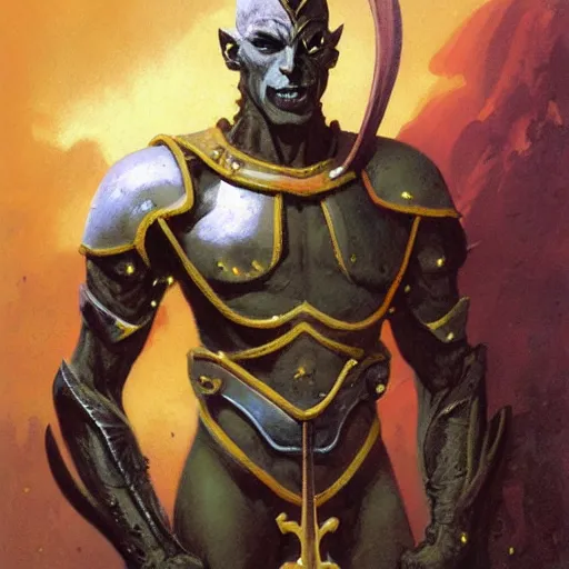 Image similar to ( ( ( quarter length portrait of a gaunt noseless yellow - skinned bald githyanki warrior in a breastplate, wielding a magical silver greatsword ) ) ), greg rutkowski, frank frazetta, alexandre chaudret, boris vallejo, michael whelan, miro petrov, magali villeneuve, donato giancola, d & d