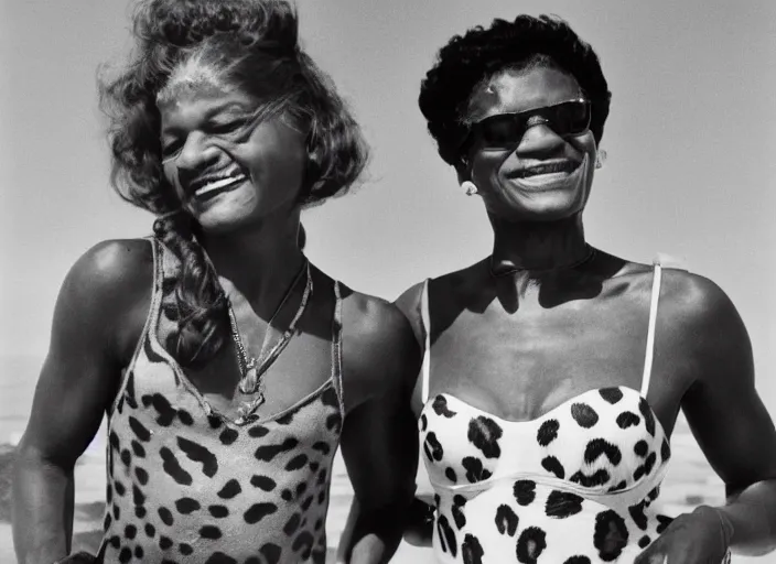 Image similar to polaroid eartha kitt in a leopard swimsuit and marsha p johnson in a pink swimsuit laughing together on a beach