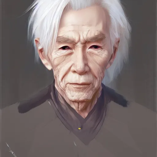 Image similar to anime portrait of an elderly boy, white hair by Stanley Artgerm Lau, WLOP, Rossdraws, James Jean, Andrei Riabovitchev, Marc Simonetti, and Sakimichan, trending on artstation