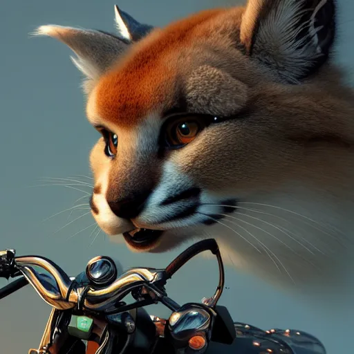 Image similar to cute fluffy caracal riding a motorcycle, hyper detailed, digital art, trending in artstation, cinematic lighting, studio quality, smooth render, unreal engine 5 rendered, octane rendered