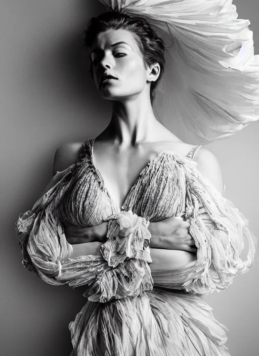 Image similar to a full body portrait of a woman by justin ridler wearing an intricate billowing dress, face in the style of irakli nadar