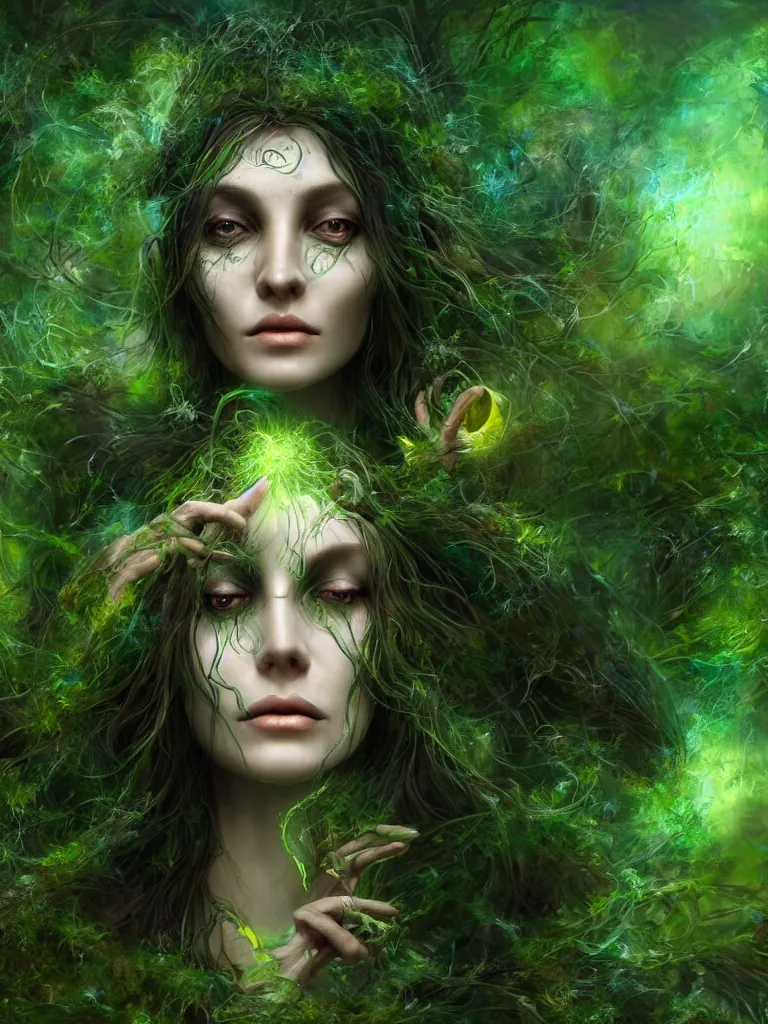 Prompt: an ancient mystical alluring female witch generating flowing energy and surrounded by wisps of green magic sits meditating in a magical overgrown garden temple, face face face, by karol bak, 3 d, cinema 4 d render, trending on artstation