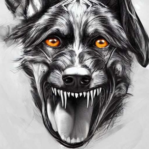 Image similar to venom dog version, ultra realistic, highly detailed, photorealism, scary, intricate detail, high res, textures, extremes, dark, twisted, black, wiry, superhero, antihero, powerful, teeth, licking tongue, dog, hair, german shepard trending on artstation