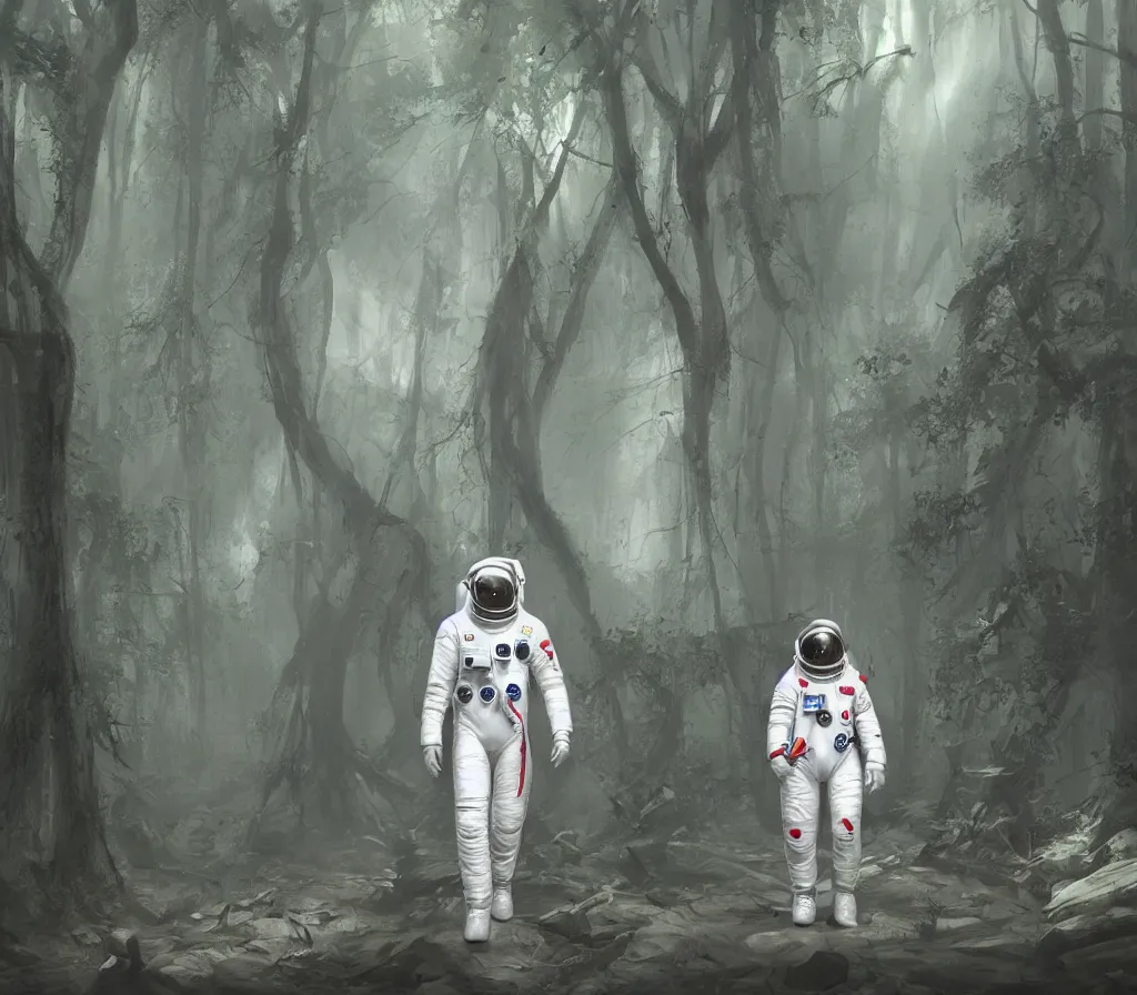 Prompt: modern scifi astronaut dressed in white suit is walking on the ground of a forest filled with demonic heads and claws, by blizzard concept artists