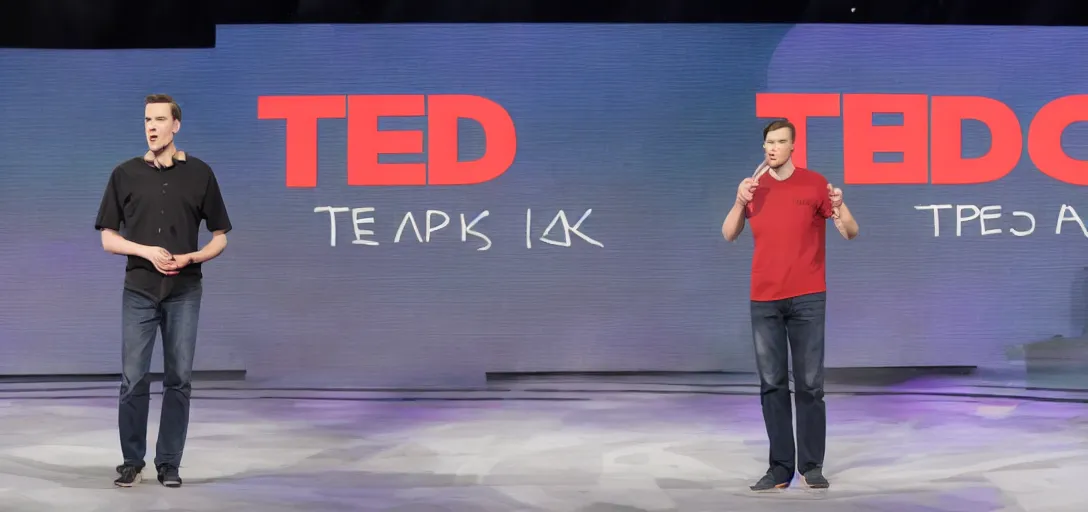 Prompt: jerma 9 8 5 doing a ted talk, wide shot, high resolution, editorial