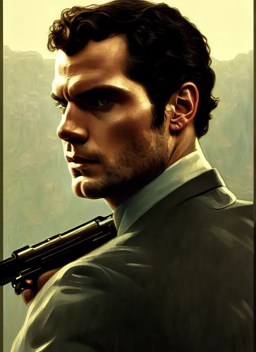 Image similar to portrait of henry cavill as james bond, key art, running, highly detailed, digital painting, artstation, concept art, cinematic lighting, sharp focus, illustration, by gaston bussiere alphonse mucha