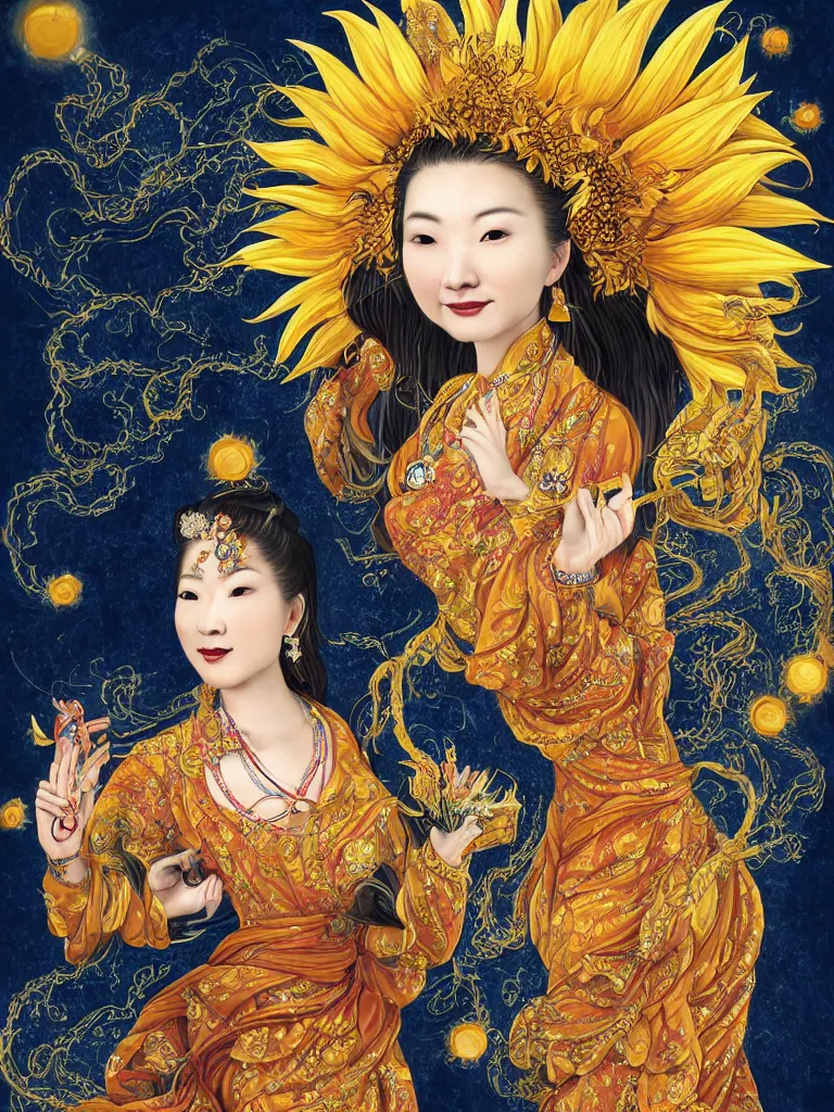 Prompt: Graceful portrait of the Sunflower Goddess, a Chinese female deity who brings joy and light onto the world with her smile and by channeling energy from the sun. Insanely nice professional hair style, dramatic hair colour, digital painting of a old 17th century, amber jewels and golden gemstones, baroque, ornate clothing, sci-fi, dark blue smoke background, flames, very realistic, chiaroscuro, art by Franz Hals and Jon Foster and Ayami Kojima and Amano and Karol Bal.