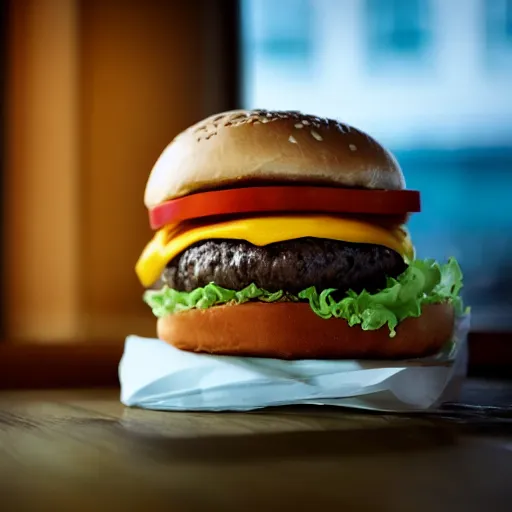 Prompt: a hamburger sitting on a table in a dimly - lit mcdonalds by the window, blue hour