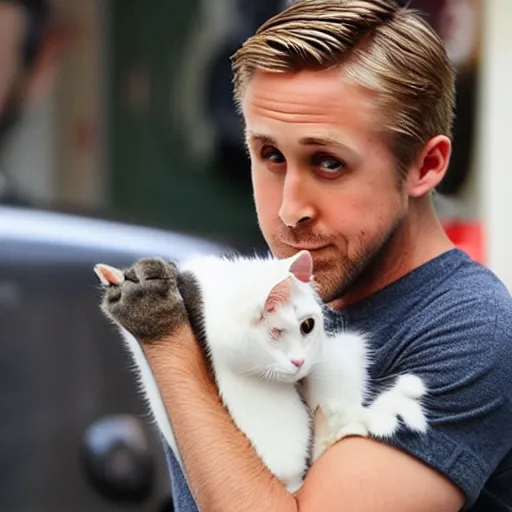 Image similar to ryan gosling shoplifting a cat under each arm