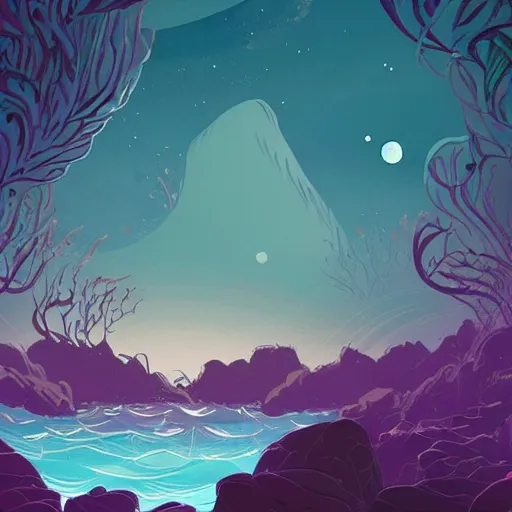 Image similar to sea under starry sky with reefs, light purple tones, animated film, stylised, illustration,, fantasy art, 2 d game art, by eyvind earle, scott wills, genndy tartakovski, roman shipunov, etienne hebinger, atey ghailan, cgsociety, cynical realism