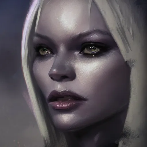 Prompt: closeup portrait of drow, dungeons and dragons character, dramatic lighting, castle background, gorgeous view, realistic, high detail, digital art, painted by greg rutkowski, painted by jeremy mann, trending on artstation