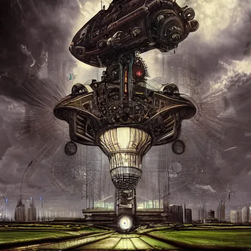 Image similar to flying lotus steam fortress, fantasy art, urban, sky in the background, detailed, behrens style