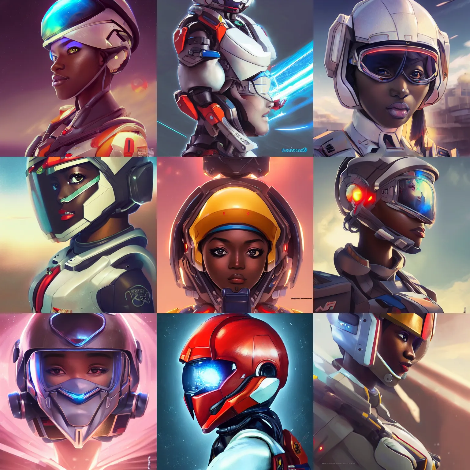 Prompt: portrait cartoon manga anime render of a strikingly gorgeous nigerian 👩🏿, wearing an intricate gundam pilot helmet, rossdraws, artgerm, norman rockwell, emiliano ponzi, epic composition, hd, octane, unreal engine, volumetric lighting, light rays, masterpiece, award - winning