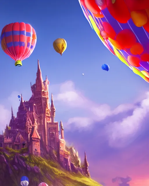 Image similar to flying cloud castle, buildings, baloons, atmosphere, glow, detailed, full of colour, cinematic lighting, trending on artstation, 4 k, hyperrealistic, extreme details, bright, blue sky, mountains, fantasy, masterpiece, art by wylie beckert