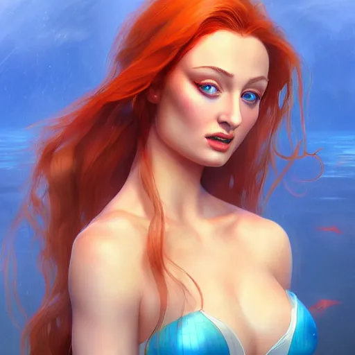 Prompt: sophie turner as the little mermaid by Stanley Artgerm Lau, WLOP, James Jean, Andrei Riabovitchev, Marc Simonetti, Yoshitaka Amano, ArtStation, CGSociety