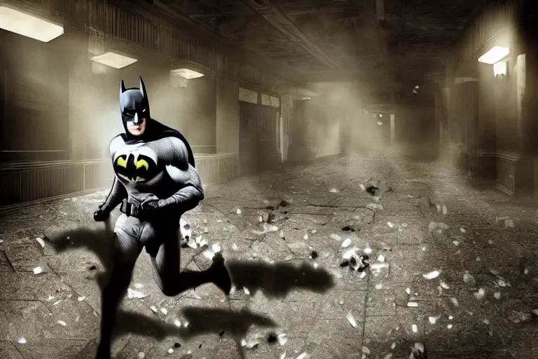 Image similar to batman covered in toilet paper, chasing through old brown decrepit hallway, creepy smile, atmospheric eerie lighting, photorealistic face, dim lighting, bodycam footage, motion blur, photography