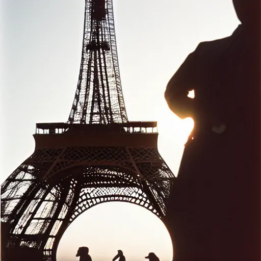 Prompt: hitler poses in front of the Eiffel tower at sunset, taken on hasselblad 500c, cinestill 800t