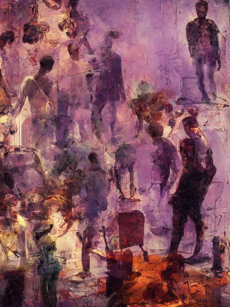 Image similar to a beautiful glitched painting by robert proch of people looking at an anatomy study of the human nervous system in a museum gallery, color bleeding, pixel sorting, copper oxide and rust materials, brushstrokes by jeremy mann, cold top lighting, textured palette knife pastel purple background