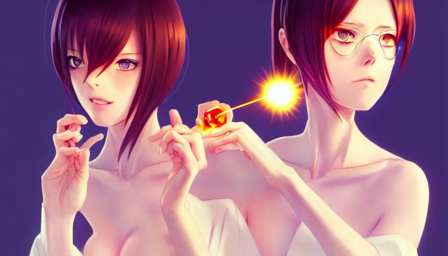 Image similar to coco rocha as a beautiful anime girl holding a light source inside her hand, expert high detail concept art, character design, defined face, vivid colors, photorealistic shaded lighting poster ilya kuvshinov, katsuhiro, makoto shinkai, wlop, loish and clamp style, trending on artstation, best selling artist