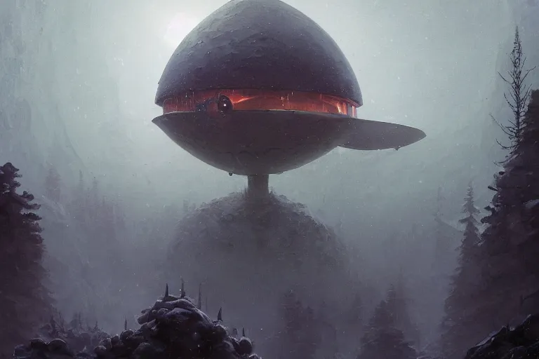 Image similar to jakub rosalski a magical animation from a video game of a giant circular spaceship shaped like a coin hovering over a foggy snow-covered landscape, by greg rutkowski and frank frazetta and peter mohrbacher and william blake and dan mumford, volumetric lighting, cinematic lighting, insanely detailed, intricate, artstation, cgsociety, painted by Simon Stalenhag, concept art, illustration, sharp focus