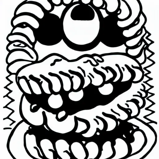 Image similar to book illustration of cookie monster with eight eyes, book illustration, monochromatic, white background, black and white image