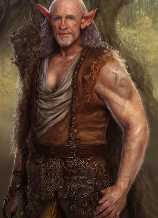 Prompt: a relaxed male elf middle aged druid in a sleeveless west, brown short hair, strong, full body, 8 k, hyperrealistic, hyperdetailed, fantasy portrait by laura sava